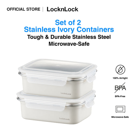 LocknLock Set of 2 Stainless Ivory Container | Microwave-Safe Stainless Steel