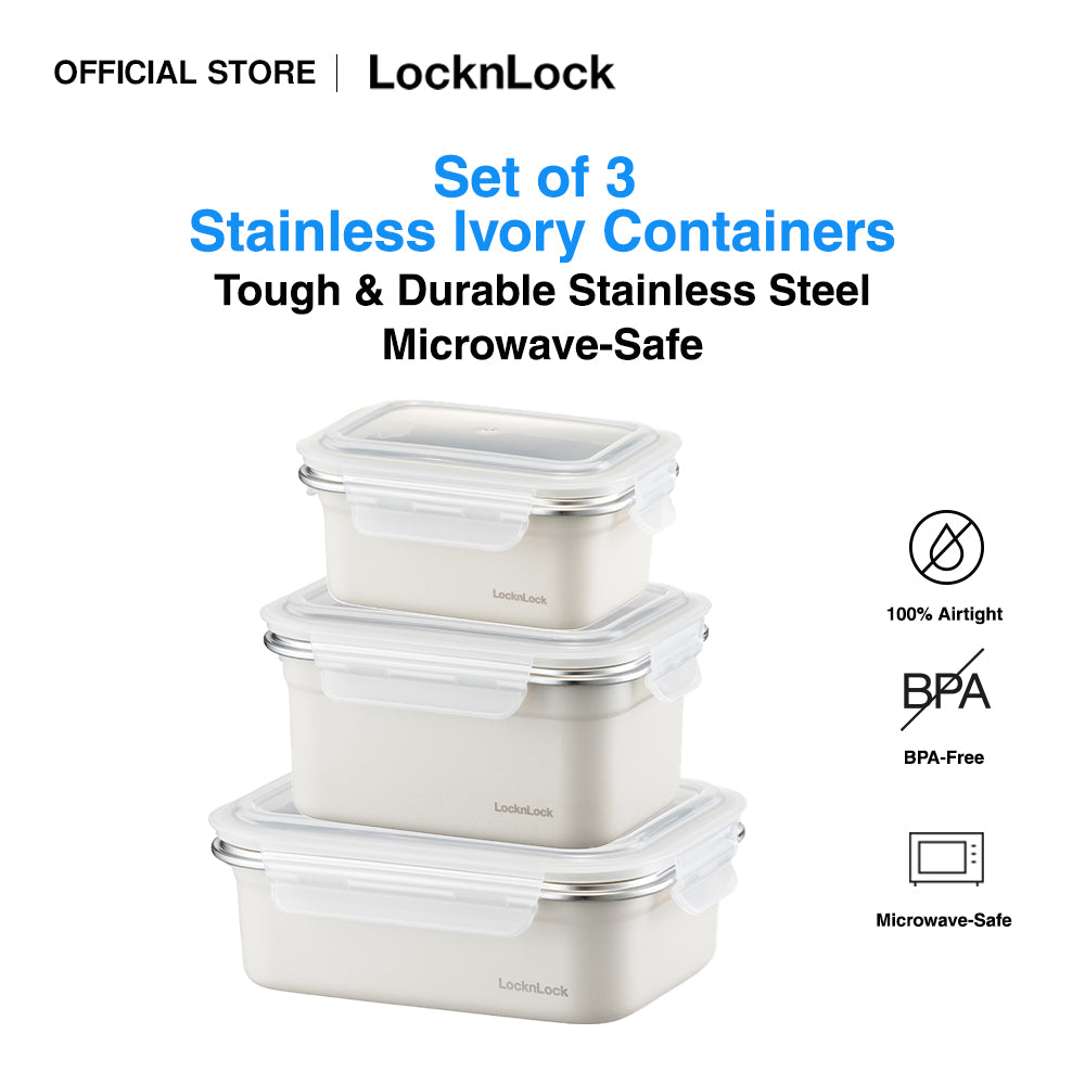 LocknLock Set of 3 Stainless Ivory Container | Microwave-Safe Stainless Steel