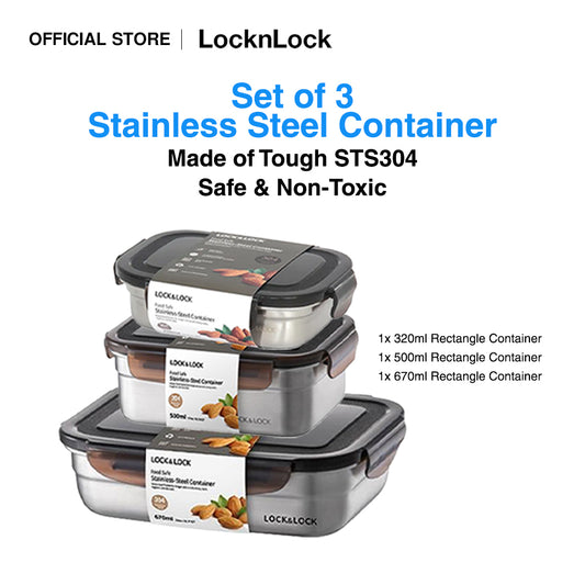 Set of 3 Stainless Steel Food Containers | Airtight, Leak-proof, Non-toxic